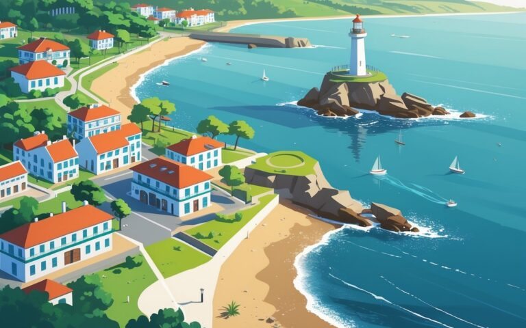 Vista da foz do rio Douro com o mar, praias, casas com telhados vermelhos, árvores, um farol e barcos no rio e no oceano.