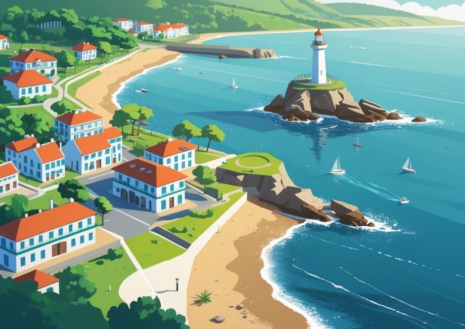 Vista da foz do rio Douro com o mar, praias, casas com telhados vermelhos, árvores, um farol e barcos no rio e no oceano.