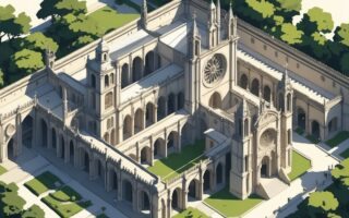 Ilustração mostrando o Mosteiro da Batalha com sua arquitetura detalhada, jardins ao redor e elementos como janelas grandes e arcos.