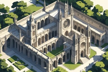 Ilustração mostrando o Mosteiro da Batalha com sua arquitetura detalhada, jardins ao redor e elementos como janelas grandes e arcos.