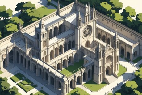 Ilustração mostrando o Mosteiro da Batalha com sua arquitetura detalhada, jardins ao redor e elementos como janelas grandes e arcos.