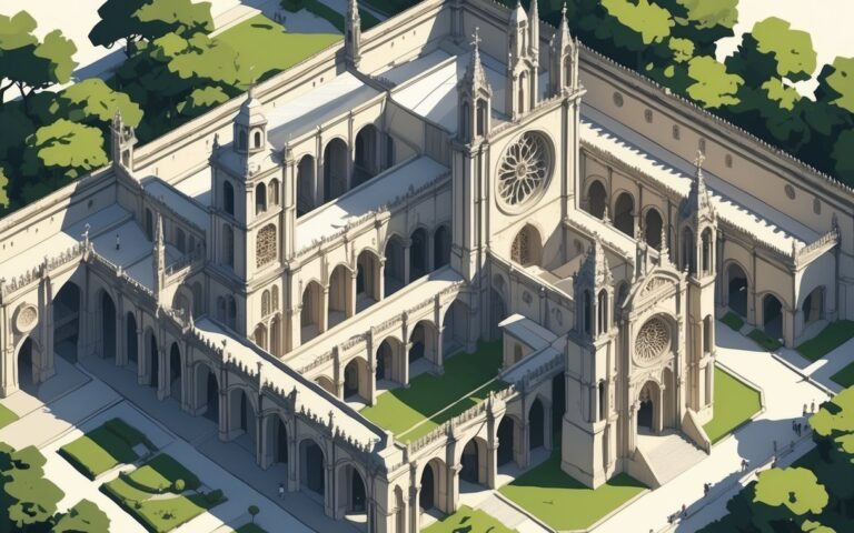 Ilustração mostrando o Mosteiro da Batalha com sua arquitetura detalhada, jardins ao redor e elementos como janelas grandes e arcos.