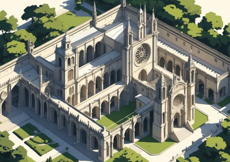 Ilustração mostrando o Mosteiro da Batalha com sua arquitetura detalhada, jardins ao redor e elementos como janelas grandes e arcos.