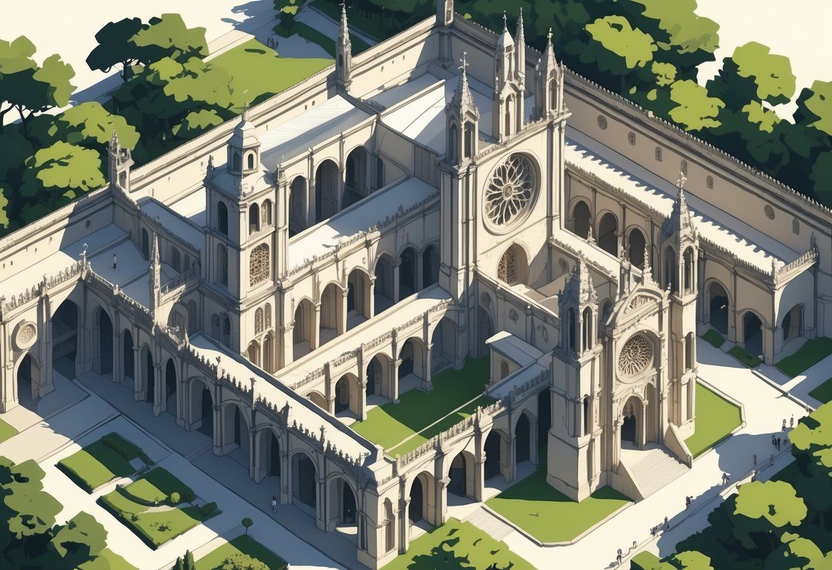 Ilustração mostrando o Mosteiro da Batalha com sua arquitetura detalhada, jardins ao redor e elementos como janelas grandes e arcos.