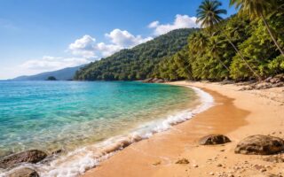 Praia de Ubatuba com águas cristalinas, areia dourada, vegetação tropical e céu azul claro.