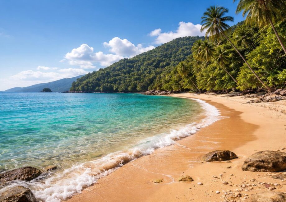 Praia de Ubatuba com águas cristalinas, areia dourada, vegetação tropical e céu azul claro.