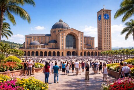 Vista da Basílica de Nossa Senhora Aparecida com fiéis e turistas ao redor em um dia ensolarado.