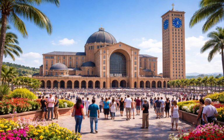 Vista da Basílica de Nossa Senhora Aparecida com fiéis e turistas ao redor em um dia ensolarado.