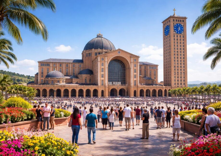 Vista da Basílica de Nossa Senhora Aparecida com fiéis e turistas ao redor em um dia ensolarado.