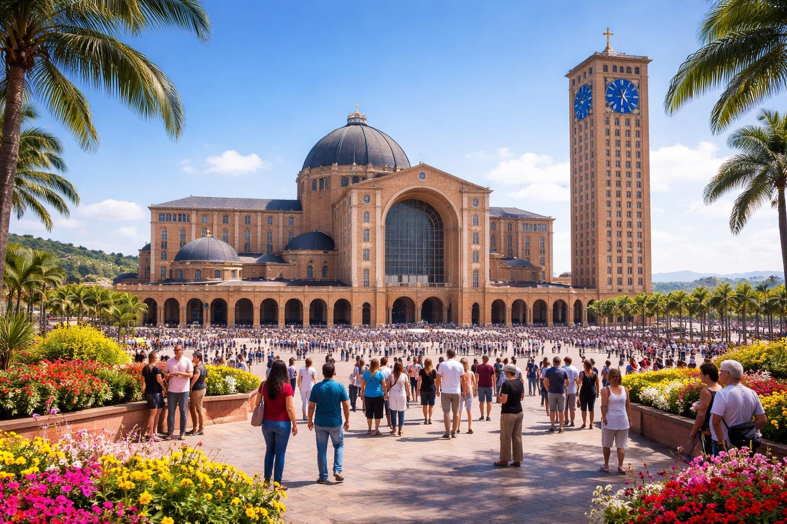 Vista da Basílica de Nossa Senhora Aparecida com fiéis e turistas ao redor em um dia ensolarado.