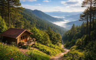 Vista panorâmica das montanhas verdes com pinheiros, uma cabana rústica e um caminho de trilha em Santo Antônio do Pinhal.