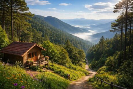 Vista panorâmica das montanhas verdes com pinheiros, uma cabana rústica e um caminho de trilha em Santo Antônio do Pinhal.