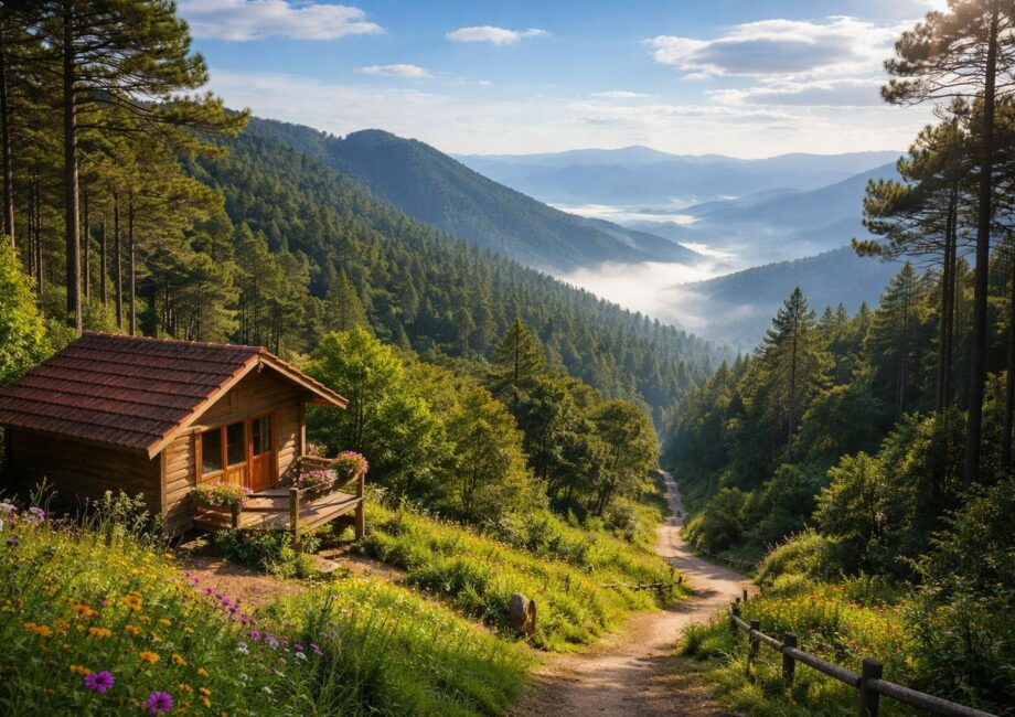 Vista panorâmica das montanhas verdes com pinheiros, uma cabana rústica e um caminho de trilha em Santo Antônio do Pinhal.