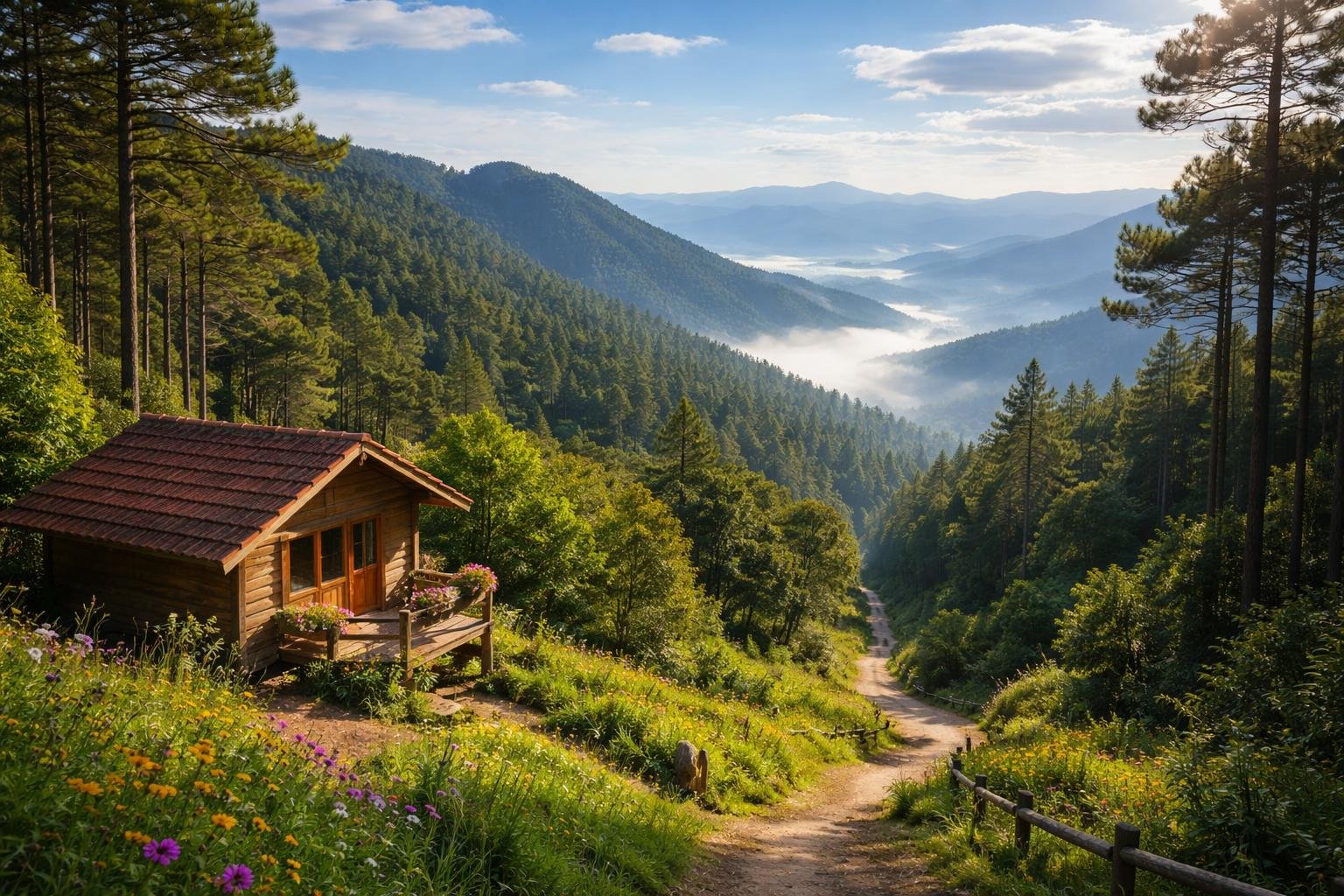 Vista panorâmica das montanhas verdes com pinheiros, uma cabana rústica e um caminho de trilha em Santo Antônio do Pinhal.