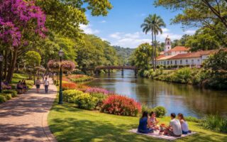 Parque à beira do rio em Guararema com árvores verdes, flores coloridas, pessoas caminhando e uma ponte de madeira sobre o rio.