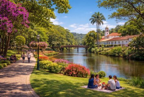Parque à beira do rio em Guararema com árvores verdes, flores coloridas, pessoas caminhando e uma ponte de madeira sobre o rio.