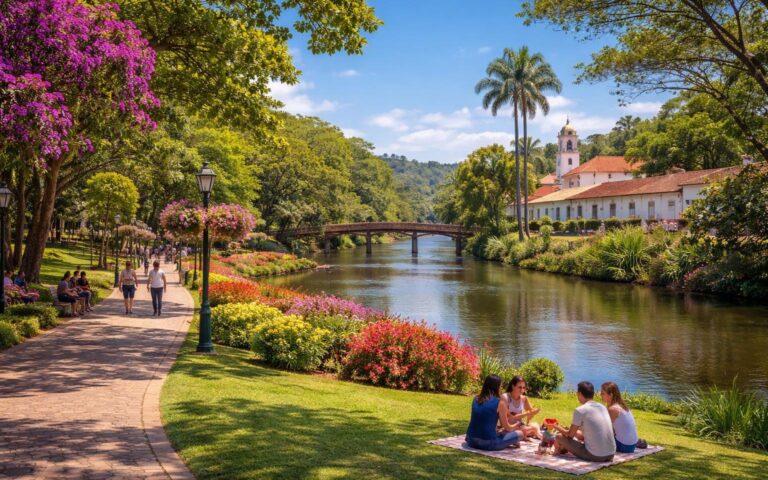 Parque à beira do rio em Guararema com árvores verdes, flores coloridas, pessoas caminhando e uma ponte de madeira sobre o rio.