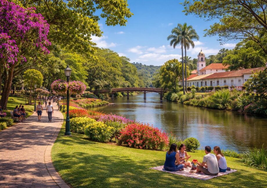 Parque à beira do rio em Guararema com árvores verdes, flores coloridas, pessoas caminhando e uma ponte de madeira sobre o rio.