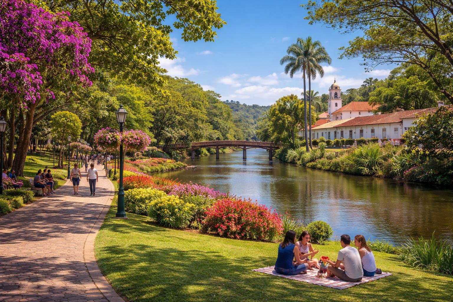 Parque à beira do rio em Guararema com árvores verdes, flores coloridas, pessoas caminhando e uma ponte de madeira sobre o rio.