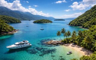 Vista panorâmica de Angra dos Reis com águas azuis, ilhas verdes, um iate ancorado próximo a uma praia com coqueiros e colinas ao fundo.