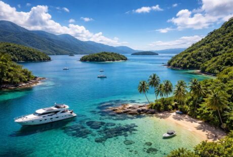 Vista panorâmica de Angra dos Reis com águas azuis, ilhas verdes, um iate ancorado próximo a uma praia com coqueiros e colinas ao fundo.