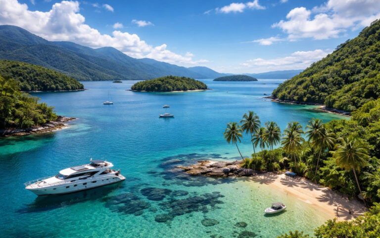 Vista panorâmica de Angra dos Reis com águas azuis, ilhas verdes, um iate ancorado próximo a uma praia com coqueiros e colinas ao fundo.