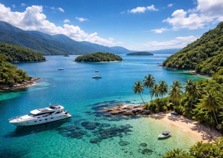 Vista panorâmica de Angra dos Reis com águas azuis, ilhas verdes, um iate ancorado próximo a uma praia com coqueiros e colinas ao fundo.