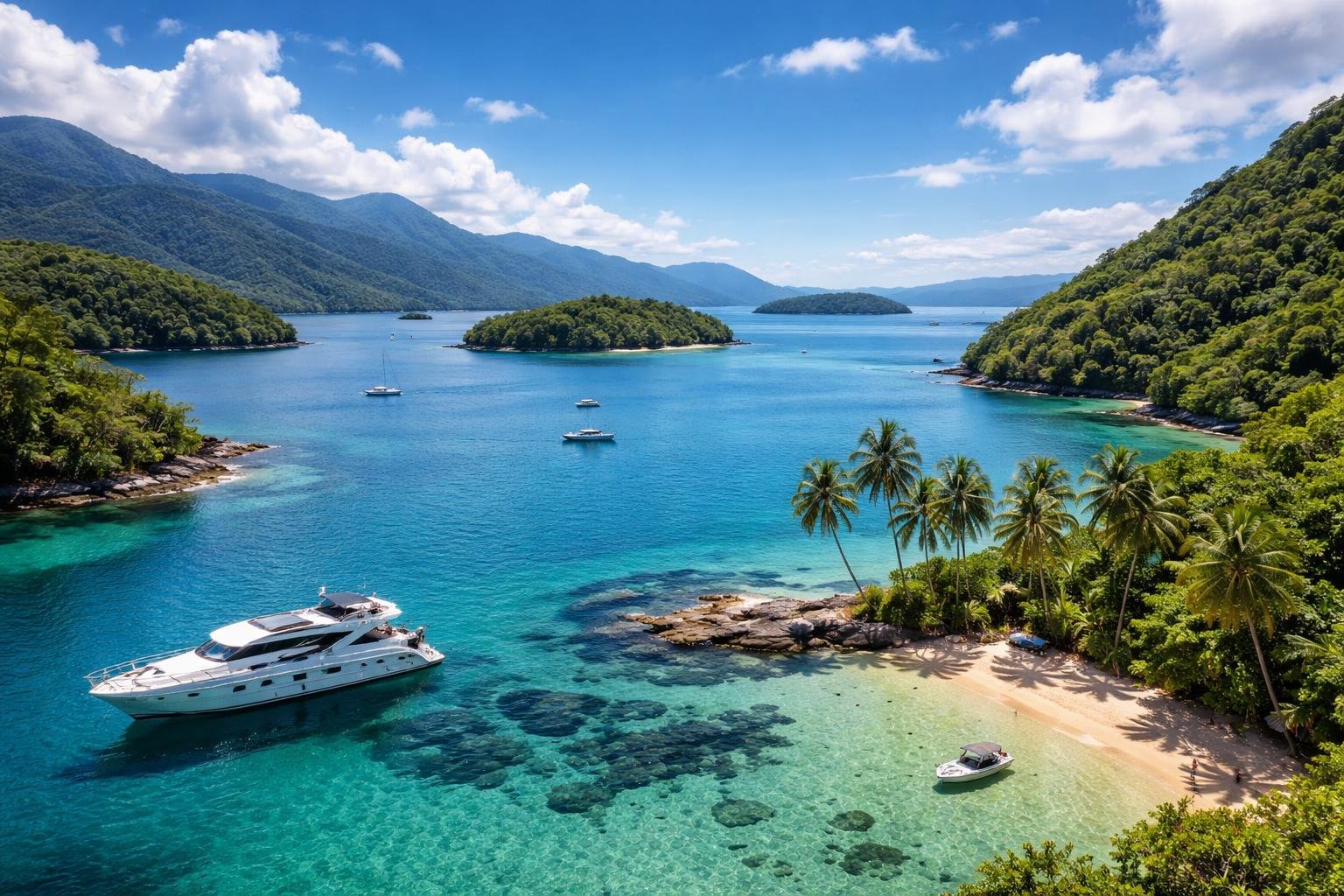 Vista panorâmica de Angra dos Reis com águas azuis, ilhas verdes, um iate ancorado próximo a uma praia com coqueiros e colinas ao fundo.