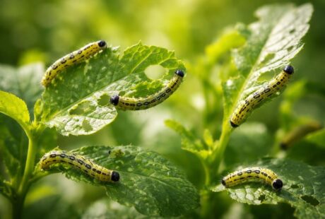 Várias larvinhas pequenas se alimentando de folhas verdes em um ambiente natural ao ar livre.