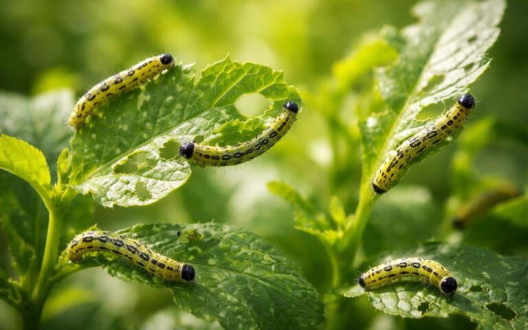 Várias larvinhas pequenas se alimentando de folhas verdes em um ambiente natural ao ar livre.