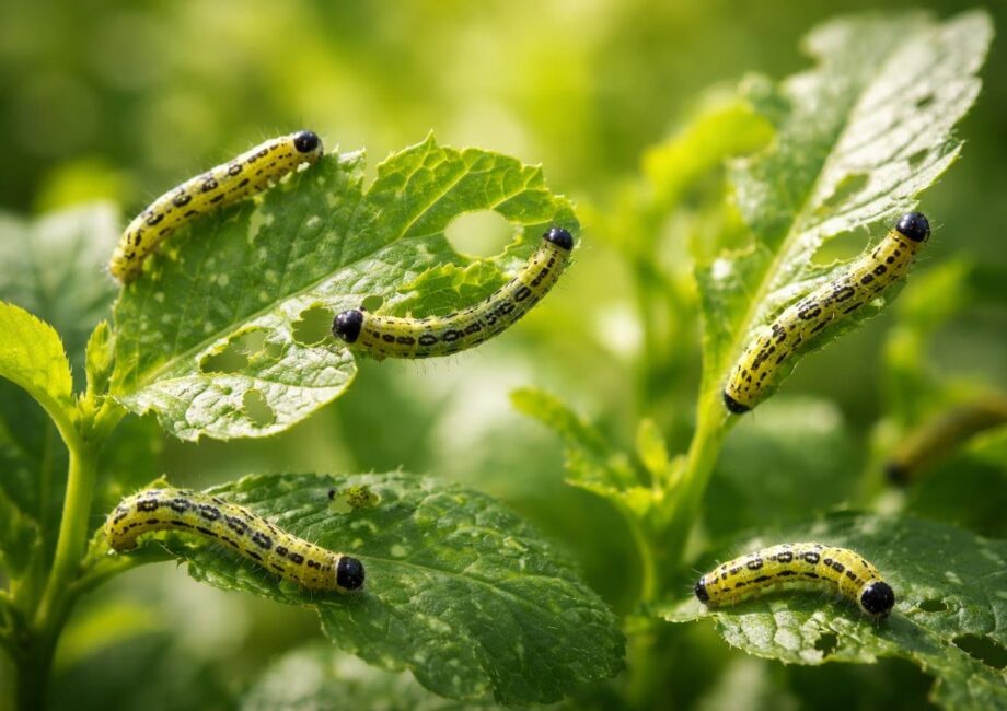 Várias larvinhas pequenas se alimentando de folhas verdes em um ambiente natural ao ar livre.