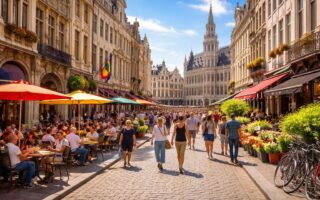 Rua movimentada em Bruxelas com pessoas, arquitetura histórica e cafés ao ar livre sob céu azul.