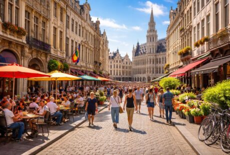 Rua movimentada em Bruxelas com pessoas, arquitetura histórica e cafés ao ar livre sob céu azul.
