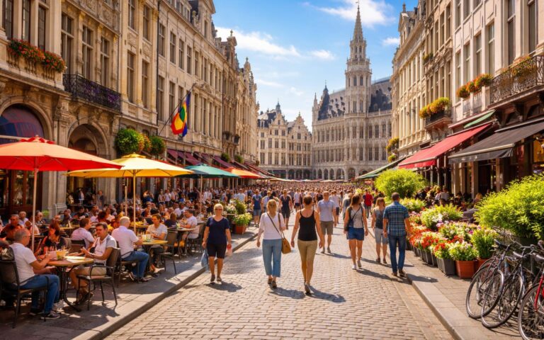 Rua movimentada em Bruxelas com pessoas, arquitetura histórica e cafés ao ar livre sob céu azul.