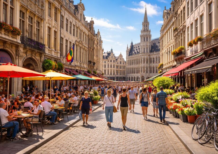 Rua movimentada em Bruxelas com pessoas, arquitetura histórica e cafés ao ar livre sob céu azul.