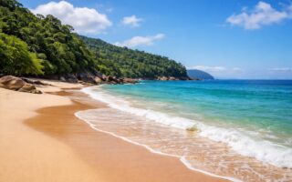 Praia do Félix com areia dourada, mar azul-turquesa, vegetação verde e formações rochosas sob um céu azul com poucas nuvens.