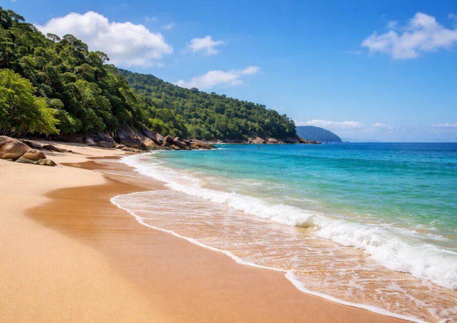 Praia do Félix com areia dourada, mar azul-turquesa, vegetação verde e formações rochosas sob um céu azul com poucas nuvens.