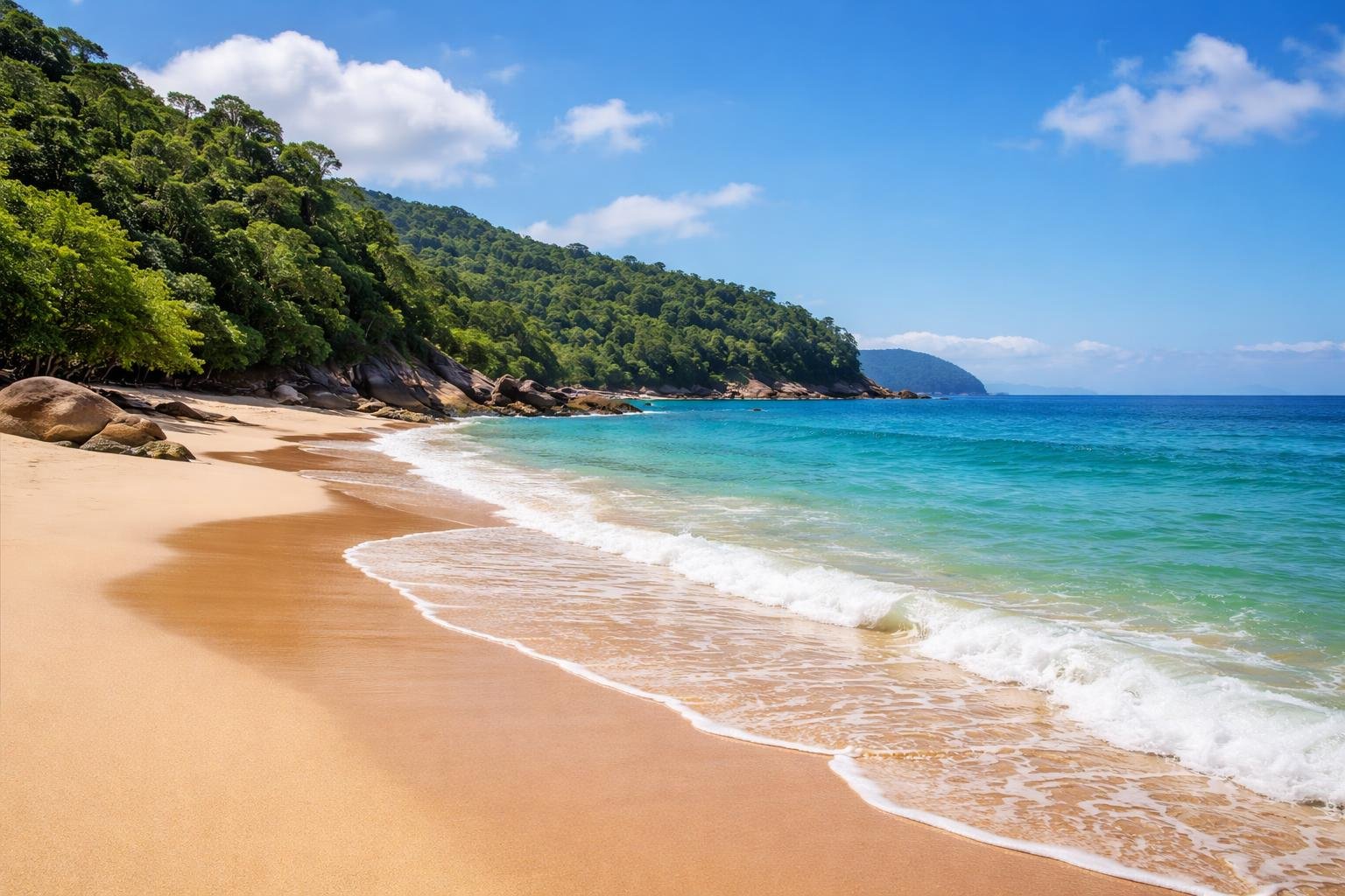 Praia do Félix com areia dourada, mar azul-turquesa, vegetação verde e formações rochosas sob um céu azul com poucas nuvens.