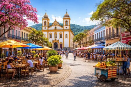 Centro histórico de Taubaté com prédios coloniais coloridos, pessoas nas ruas e colinas verdes ao fundo em um dia ensolarado.