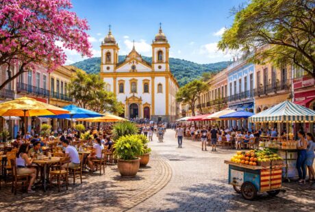 Centro histórico de Taubaté com prédios coloniais coloridos, pessoas nas ruas e colinas verdes ao fundo em um dia ensolarado.