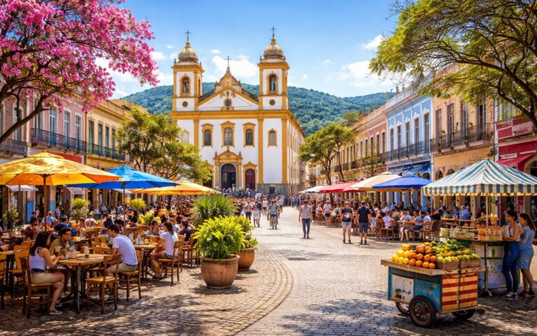 Centro histórico de Taubaté com prédios coloniais coloridos, pessoas nas ruas e colinas verdes ao fundo em um dia ensolarado.