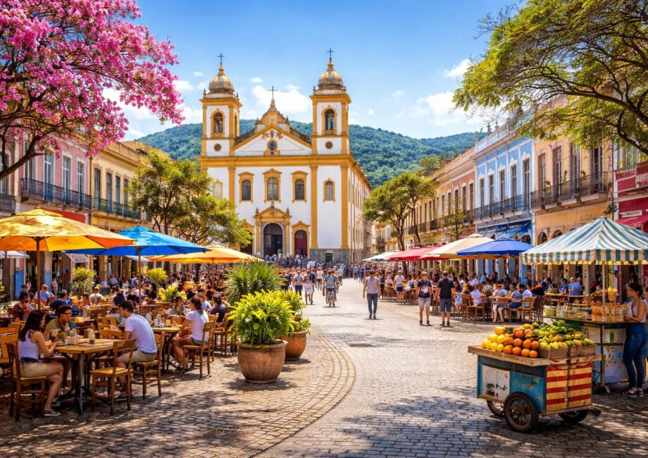 Centro histórico de Taubaté com prédios coloniais coloridos, pessoas nas ruas e colinas verdes ao fundo em um dia ensolarado.
