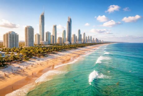 Vista panorâmica da orla da Gold Coast com praias de areia clara, águas turquesa, prédios altos e pessoas aproveitando atividades na praia sob céu azul.