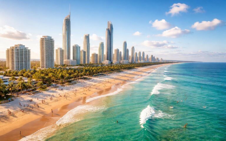 Vista panorâmica da orla da Gold Coast com praias de areia clara, águas turquesa, prédios altos e pessoas aproveitando atividades na praia sob céu azul.