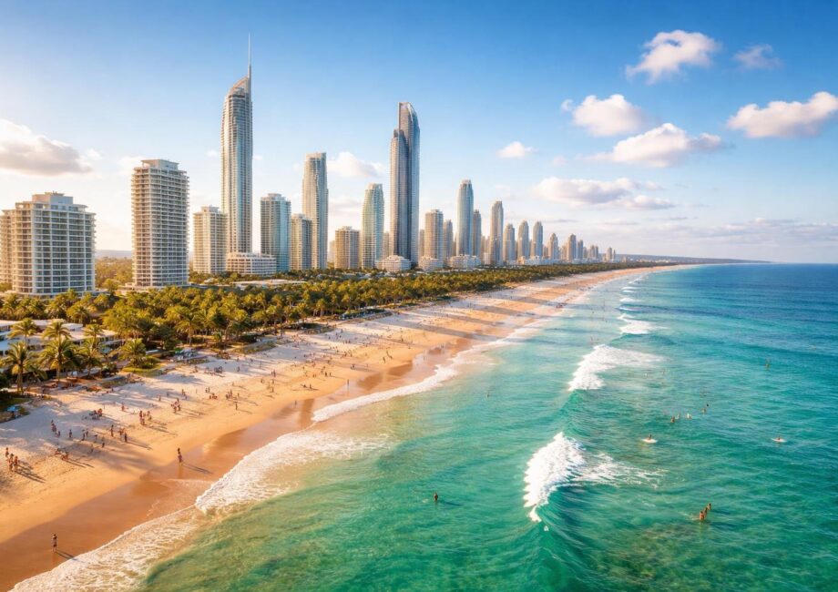 Vista panorâmica da orla da Gold Coast com praias de areia clara, águas turquesa, prédios altos e pessoas aproveitando atividades na praia sob céu azul.