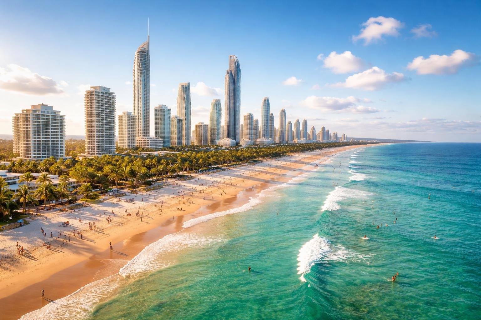 Vista panorâmica da orla da Gold Coast com praias de areia clara, águas turquesa, prédios altos e pessoas aproveitando atividades na praia sob céu azul.