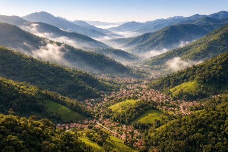 Paisagem montanhosa da Serra da Mantiqueira com colinas verdes, florestas densas, neblina suave e pequenas cidades entre os vales.