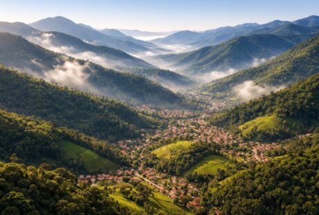 Paisagem montanhosa da Serra da Mantiqueira com colinas verdes, florestas densas, neblina suave e pequenas cidades entre os vales.