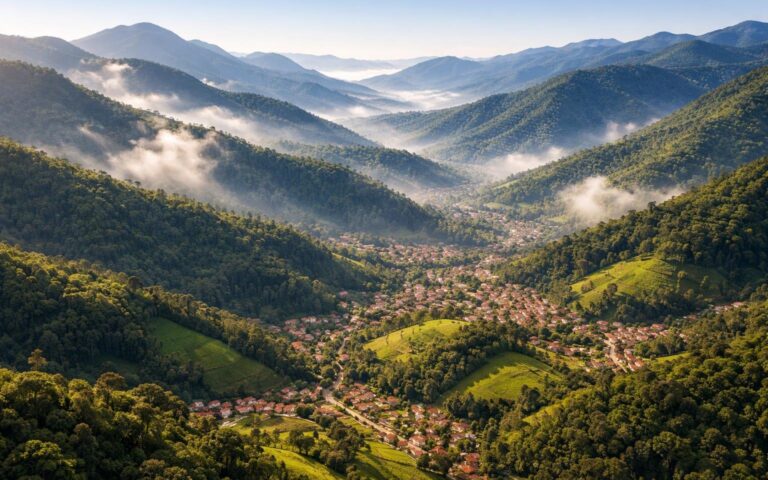 Paisagem montanhosa da Serra da Mantiqueira com colinas verdes, florestas densas, neblina suave e pequenas cidades entre os vales.