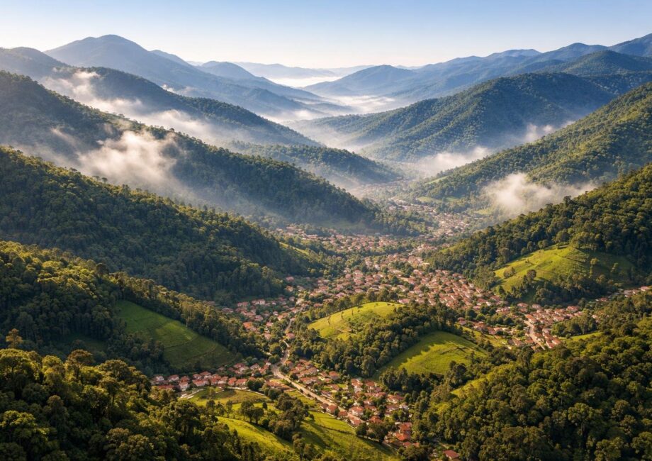 Paisagem montanhosa da Serra da Mantiqueira com colinas verdes, florestas densas, neblina suave e pequenas cidades entre os vales.